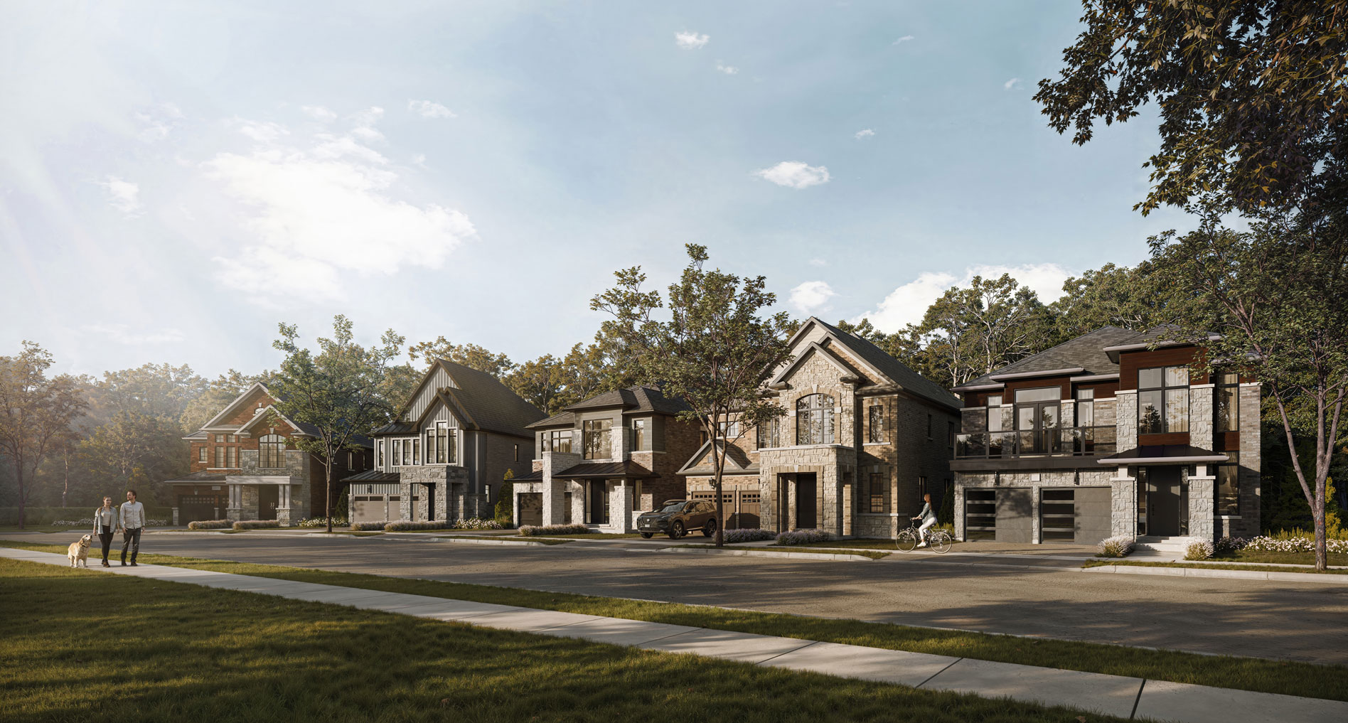 the exterior view of Zancorbrooklin Homes. Embraced by the lush greenery, this master-planned community finds its home in Brooklin